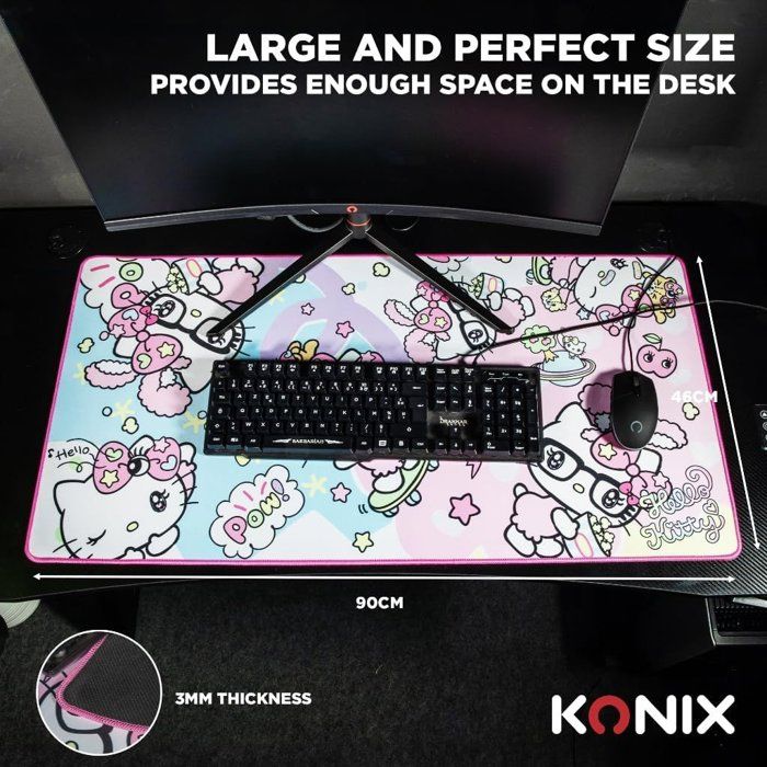 Tapis de souris gaming - KONIX - Hello Kitty - XXL 90 x 46 cm - Surface microfibre antidérapante - Caoutchouc