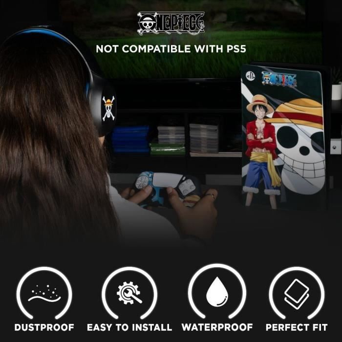 Façade de protection - KONIX - One Piece - PS5 Slim - Silicone - Antichoc - Anti-rayures - Motif Luffy - Noir