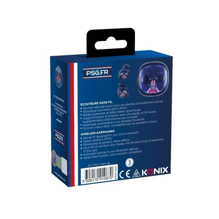 Écouteurs sans fil - KONIX - PSG - Autonomie 8 h + 15 h avec boîtier - Résistance a l'eau IPX4 - Bluetooth - Bleu