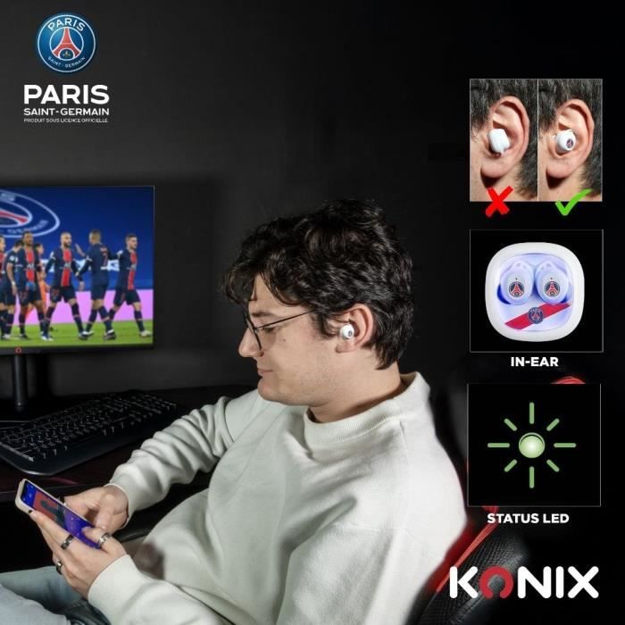 Écouteurs sans fil - KONIX - PSG - Autonomie 8 h + 15 h - IPX4 - Bluetooth - Blanc