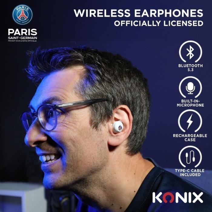 Écouteurs sans fil - KONIX - PSG - Autonomie 8 h + 15 h - IPX4 - Bluetooth - Blanc