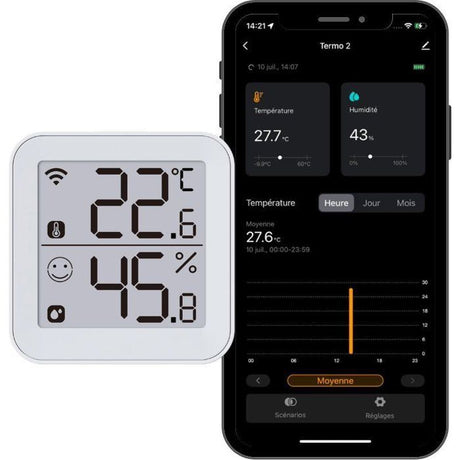Thermometre et Hygrometre - KONYKS - Termo 2 - Intérieur - Détecteur de température + humidité - Wifi - Grand écran - Blanc