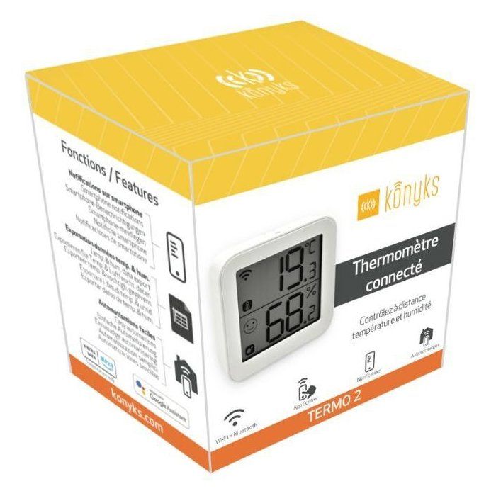 Thermometre et Hygrometre - KONYKS - Termo 2 - Intérieur - Détecteur de température + humidité - Wifi - Grand écran - Blanc
