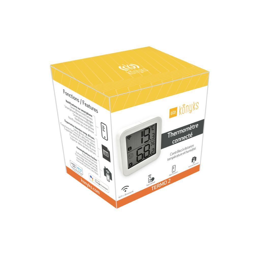 Thermometre et Hygrometre - KONYKS - Termo 2 - Intérieur - Détecteur de température + humidité - Wifi - Grand écran - Blanc