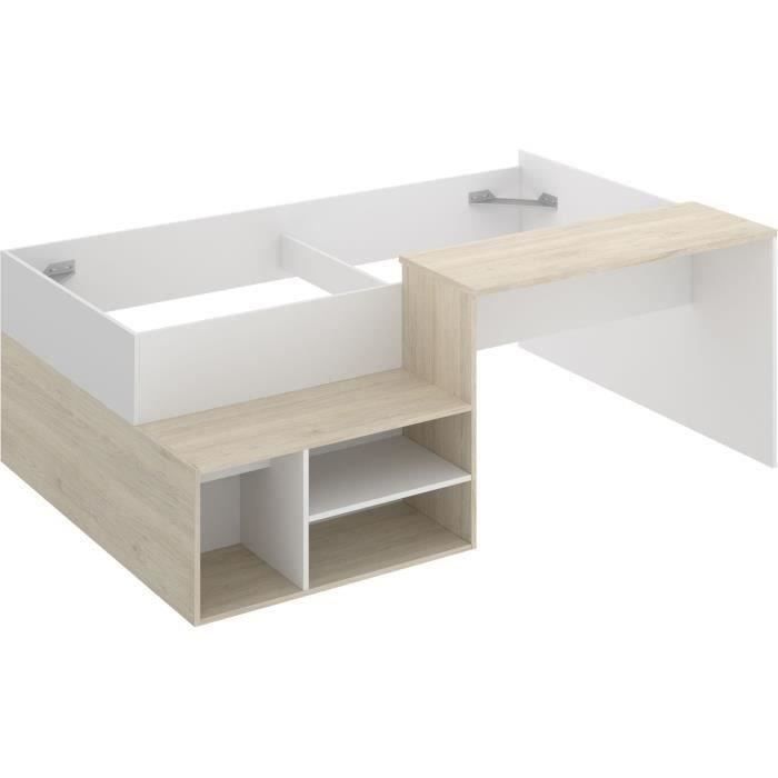 Lit combinÈ enfant KRIC - Chene naturel et blanc - Bureau et rangement - 90x190 cm