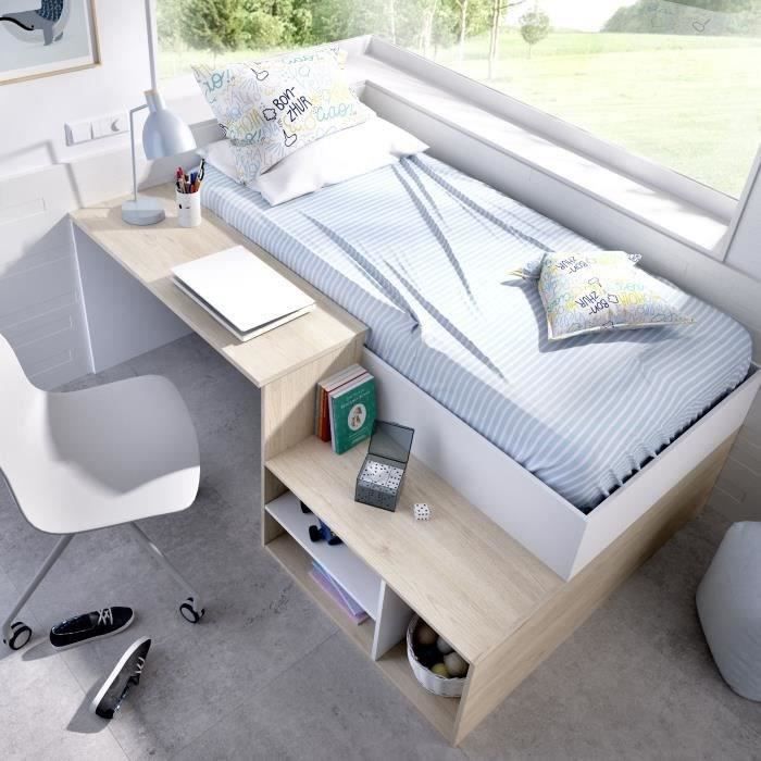 Lit combiné enfant KRIC - Chene naturel et blanc - Bureau et rangement - 90x190 cm
