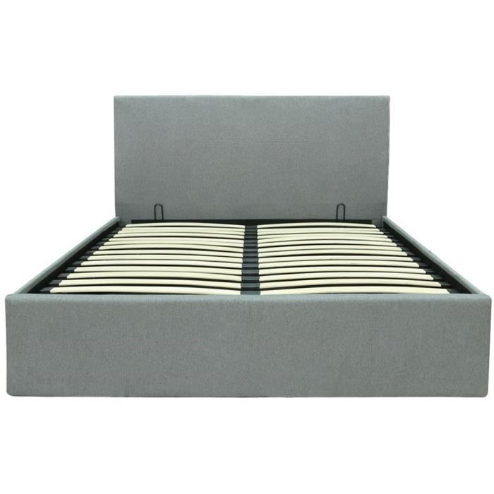Lit coffre adulte MARTIN - Couchage 140x190 cm - Gris clair - Sommier a lattes - L 201 x P 146 x H 99 cm