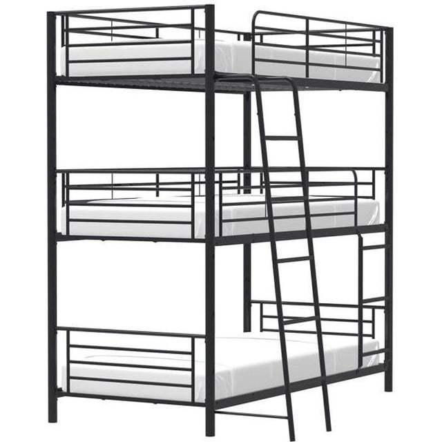 Lits superposés en métal - 3 places - Noir - Sommiers inclus - 3x90x190 cm - TRIO