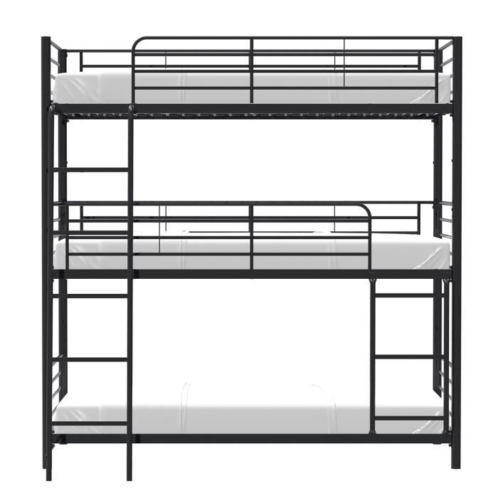 Lits superposés en métal - 3 places - Noir - Sommiers inclus - 3x90x190 cm - TRIO