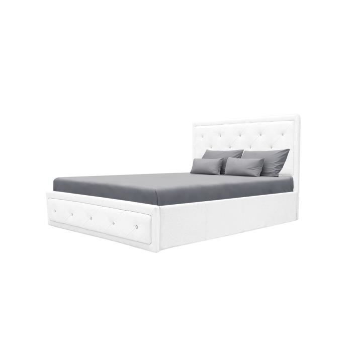 VIRGINIA Lit coffre adulte capitonné avec strass 160x200 cm - Simili blanc - Sommier inclus