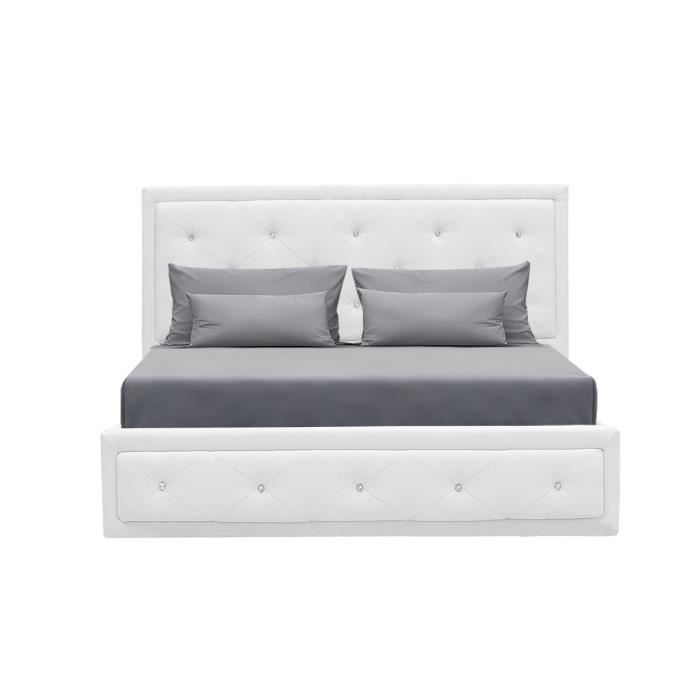 VIRGINIA Lit coffre adulte capitonnÈ avec strass 160x200 cm - Simili blanc - Sommier inclus