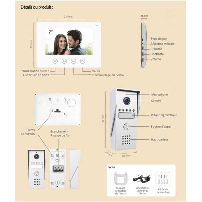 Portier Vidéo - KYF - Filaire - Connecté Wifi - Ecran tactile 7'' - 2 fils