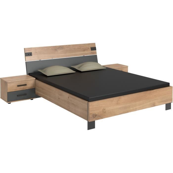 Lit avec paire de chevet a 2 tiroirs - LAMIA - 160 x 200 cm - Chene poutre / Graphite - WIMEX