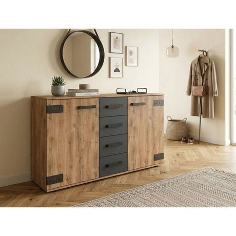 Buffet LAMIA - 4 tiroirs et 2 portes - Décor Chene et gris anthracite - L130 x H83 x P41 cm