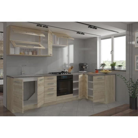 LASSEN Cuisine complete d'angle 240x165 cm avec plan de travail - Angle réversible - Décor chene sonoma
