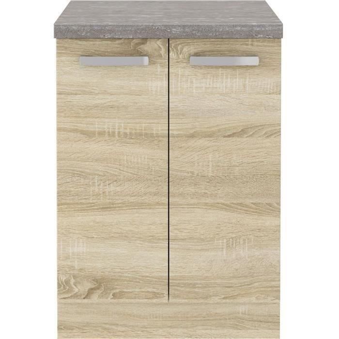Meuble bas 2 portes battantes - Décor chęne sonoma - L 60 x P 51,6 x H 85 cm - LASSEN