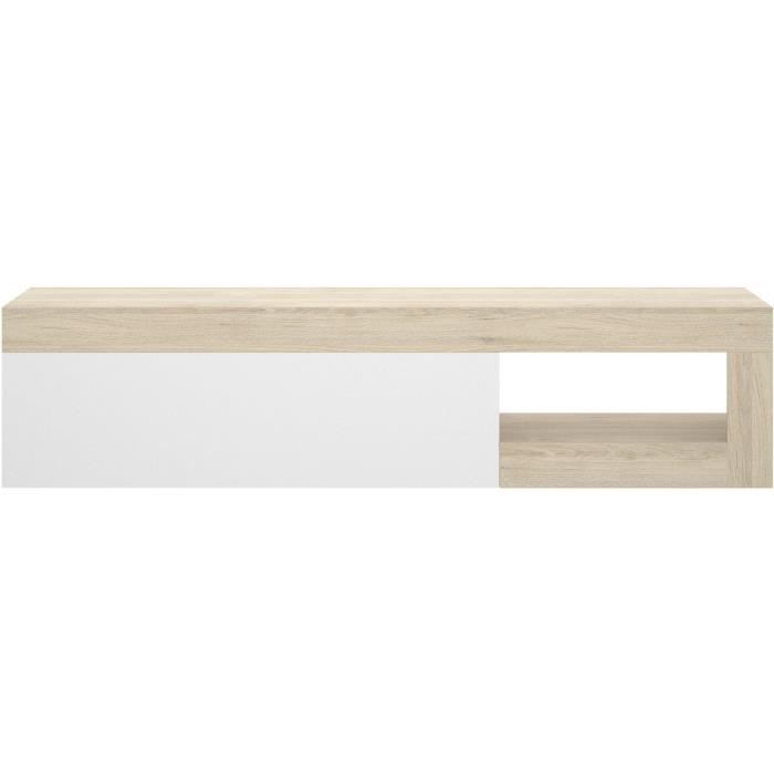 Meuble TV bas - LEBO - Chene / Blanc Brillant - 204 x 42 x 48 cm