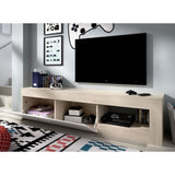 Meuble TV bas - LEBO - Chene / Blanc Brillant - 204 x 42 x 48 cm