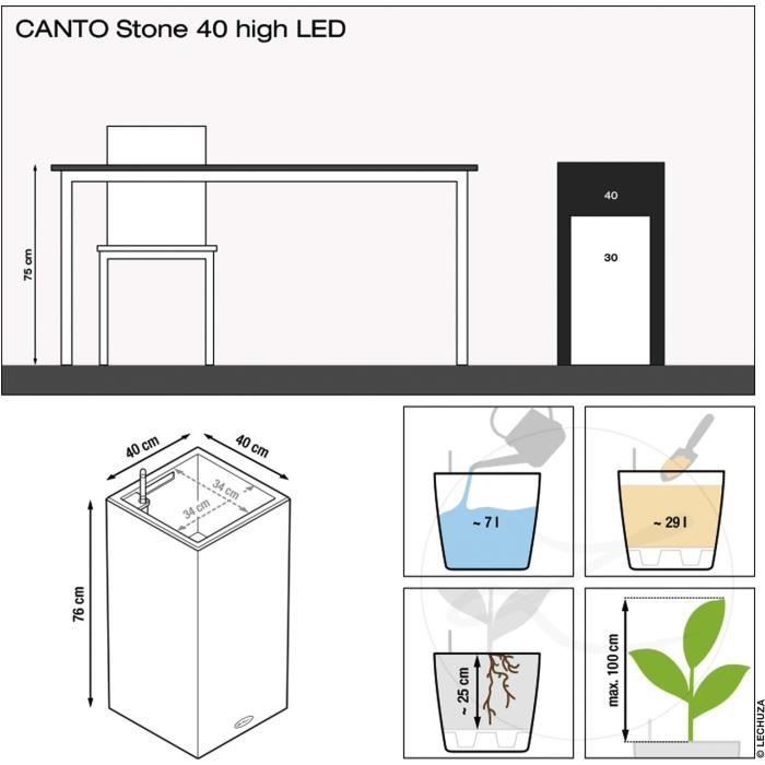 LECHUZA Pot de fleurs - Canto Stone 40 - 40 x 40 x 76 cm - Kit complet - Noir graphite