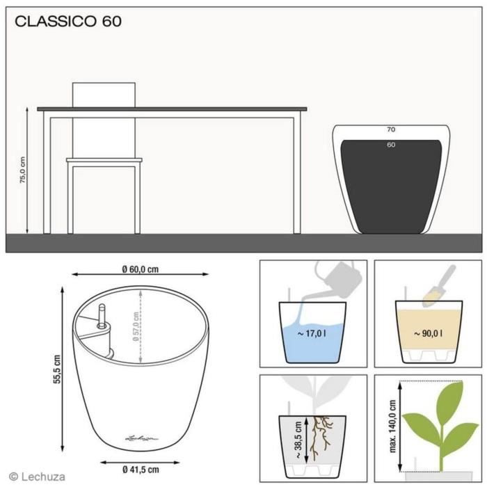 LECHUZA Pot de fleurs - Classico Premium 60 - Ø 60 x 55,5 cm - Kit complet - Taupe brillant
