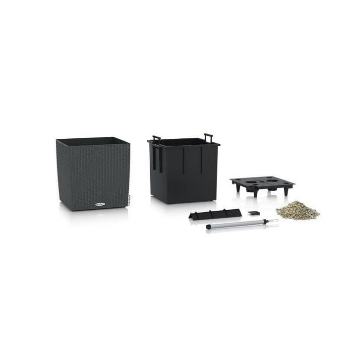 LECHUZA Pot de fleurs - Cube cottage 30 - 29,5 x 29,5 x 30 cm - 12 L - Kit complet - Granit