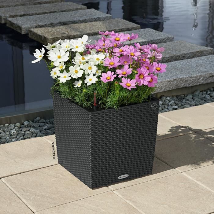 LECHUZA Pot de fleurs - Cube cottage 40 - 39,0 x 39,0 x 40 cm - 31 L  - Kit complet - Granit
