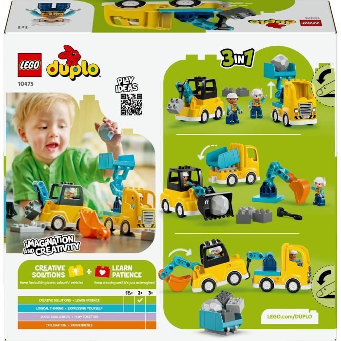 LEGO DUPLO Ma Ville 10475 Les Véhicules de Chantier 3-en-1 - Jeu Interactif des 2 ans