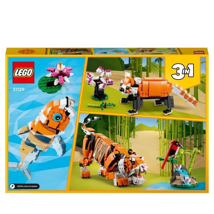 LEGO 31129 Creator 3-en-1 Sa Majesté le Tigre, Jouet et Figurine Animaux, se Transforme en Panda, et Poisson, Enfants Des 9 Ans