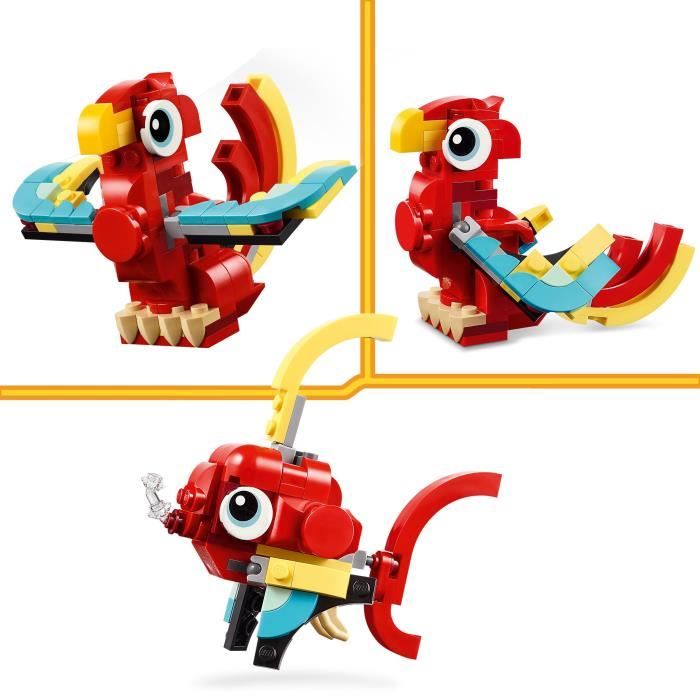 LEGO 31145 Creator 3en1 Le Dragon Rouge Jouet avec 3 Figurines d'Animaux, dont un Dragon Rouge, un Poisson et un Phénix