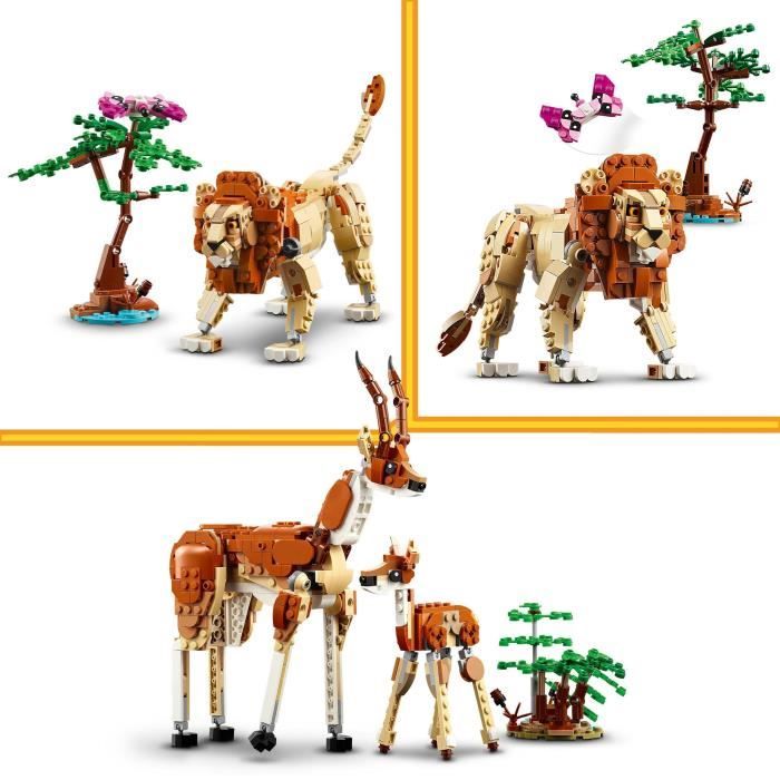 LEGO 31150 Creator 3en1 Les Animaux Sauvages du Safari, Jouet avec Figurines d'Animaux, Girafe, Gazelles et Lion