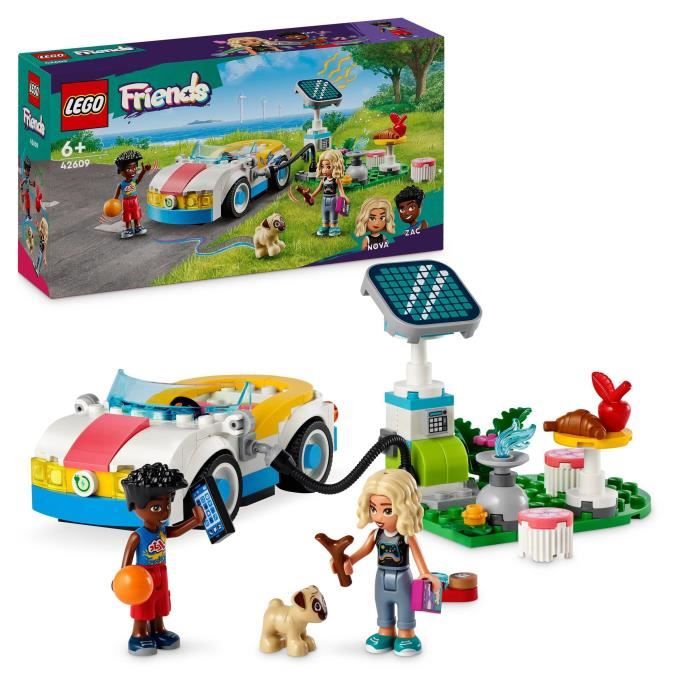 LEGO 42609 Friends La Voiture Électrique et la Borne de Recharge,  Jouet de Voiture, avec les Figurines Nova et Zac