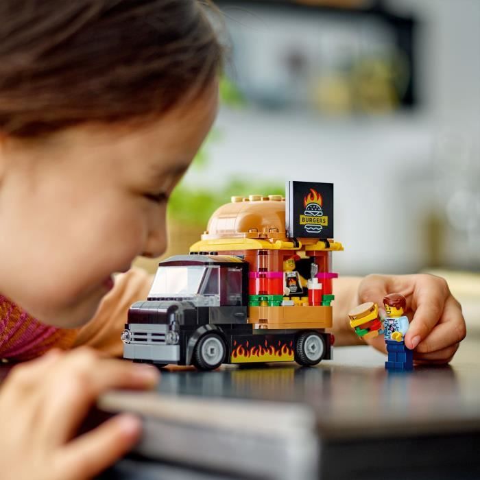 LEGO 60404 City Le Food-truck de Burgers, Jouet de Camionnette, Jeu Imaginatif avec Camionnette et Minifigurines