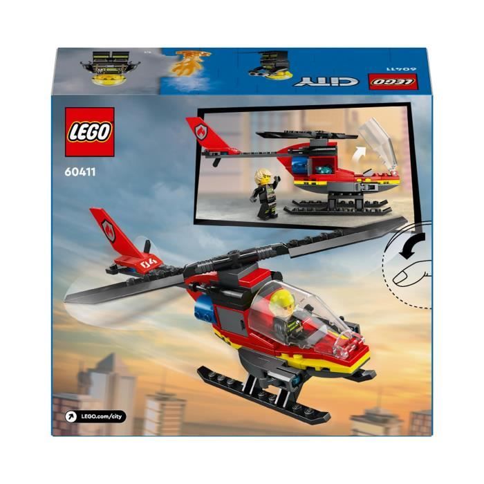 LEGO 60411 City L'Hélicoptere de Secours des Pompiers, Jouet avec Minifigurines de Pilote Pompier, Cadeau pour Enfants