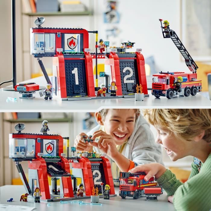 LEGO 60414 City La Caserne et le Camion de Pompiers, Jouet de Figurine de Chien et 5 Minifigurines, Cadeau Enfants