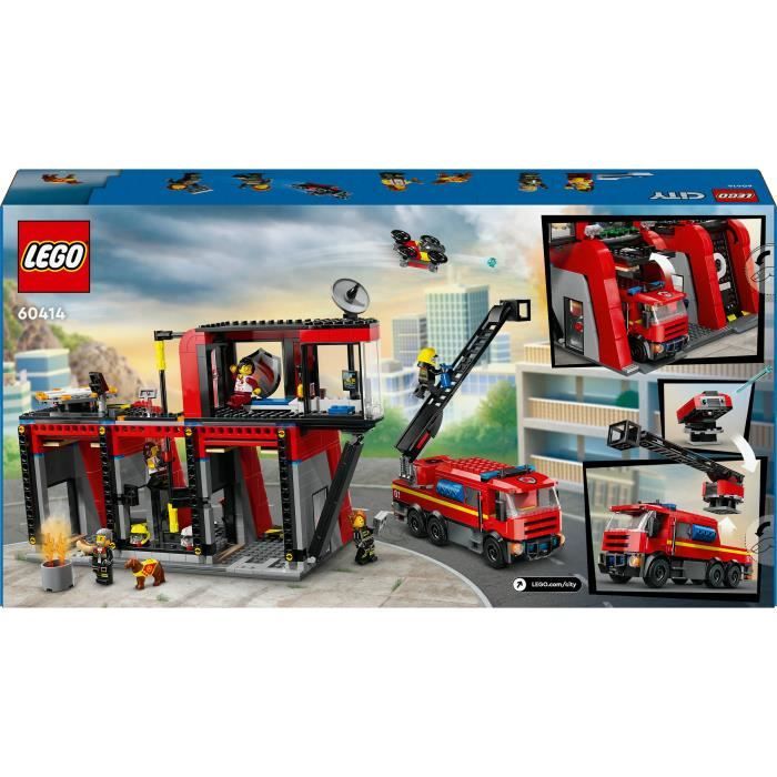 LEGO 60414 City La Caserne et le Camion de Pompiers, Jouet de Figurine de Chien et 5 Minifigurines, Cadeau Enfants