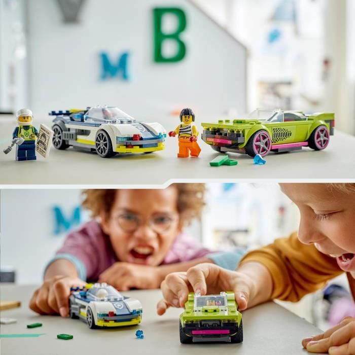 LEGO 60415 City La Course-Poursuite entre la Voiture de Police et la Super Voiture, Jouet avec Minifigurines, Cadeau Enfants