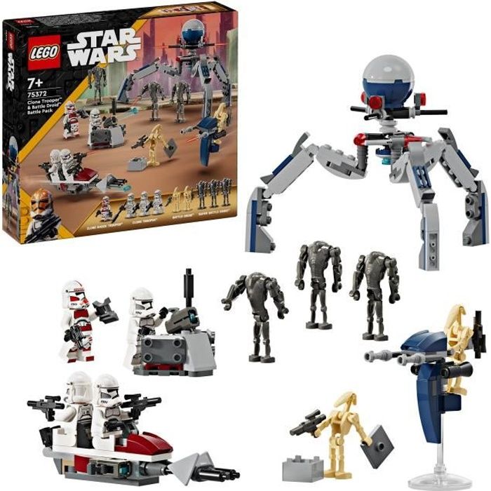 LEGO 75372 Star Wars Pack de Combat des Clone Troopers et Droides de Combat, Jouet avec Speeder Bike et Figurine