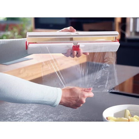 Dérouleur coupe-film Leifheit Perfect Cut 23051, coupe-film étirable pour film alimentaire et papier aluminium de max. 33 cm, blanc