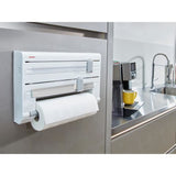 Dérouleur mural Leifheit Parat ComfortLine 25703, porte-rouleau mural cuisine pour 3 rouleaux avec lames tranchantes, blanc