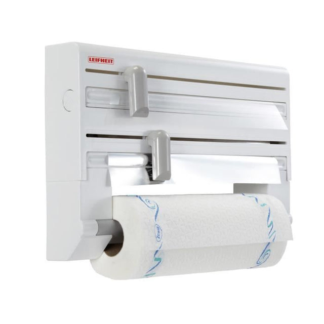 Dérouleur mural Leifheit Parat ComfortLine 25703, porte-rouleau mural cuisine pour 3 rouleaux avec lames tranchantes, blanc