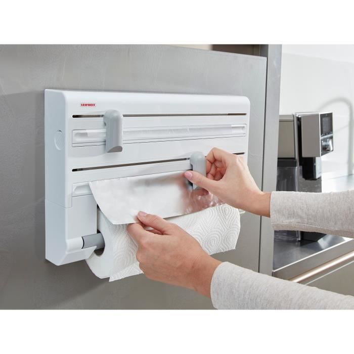 Dérouleur mural Leifheit Parat ComfortLine 25703, porte-rouleau mural cuisine pour 3 rouleaux avec lames tranchantes, blanc
