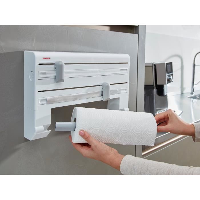 Dérouleur mural Leifheit Parat ComfortLine 25703, porte-rouleau mural cuisine pour 3 rouleaux avec lames tranchantes, blanc
