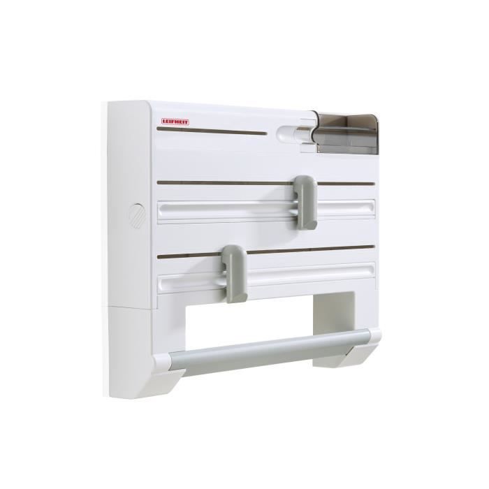 Dérouleur mural Leifheit Parat Plus ComfortLine 25723, porte-rouleau mural avec lames tranchantes et 6 places de rangements, blanc