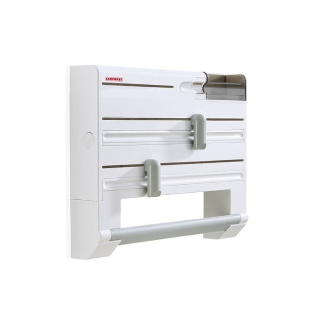 Dérouleur mural Leifheit Parat Plus ComfortLine 25723, porte-rouleau mural avec lames tranchantes et 6 places de rangements, blanc