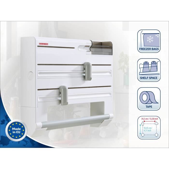 Dérouleur mural Leifheit Parat Plus ComfortLine 25723, porte-rouleau mural avec lames tranchantes et 6 places de rangements, blanc