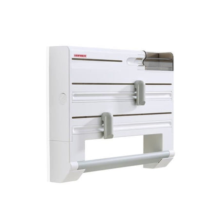 Dérouleur mural Leifheit Parat Plus ComfortLine 25723, porte-rouleau mural avec lames tranchantes et 6 places de rangements, blanc