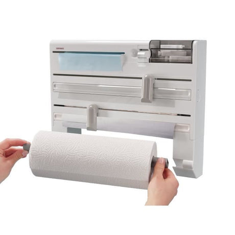 Dérouleur mural Leifheit Parat Plus ComfortLine 25723, porte-rouleau mural avec lames tranchantes et 6 places de rangements, blanc