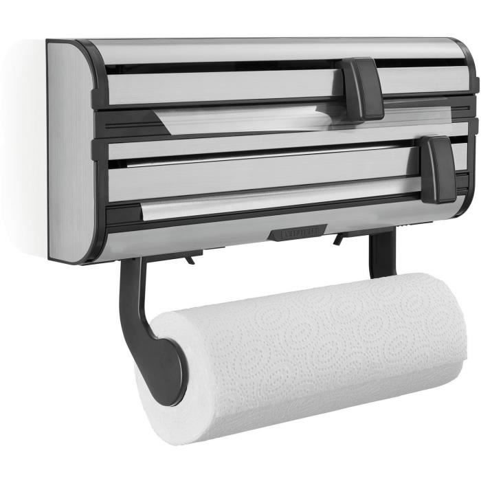 Dérouleur mural Leifheit Parat Royal 25793, porte-rouleau cuisine en acier inoxydable pour 3 rouleaux, lames tranchantes, blanc