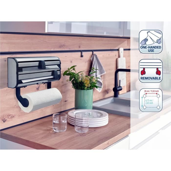 Dérouleur mural Leifheit Parat Royal 25793, porte-rouleau cuisine en acier inoxydable pour 3 rouleaux, lames tranchantes, blanc
