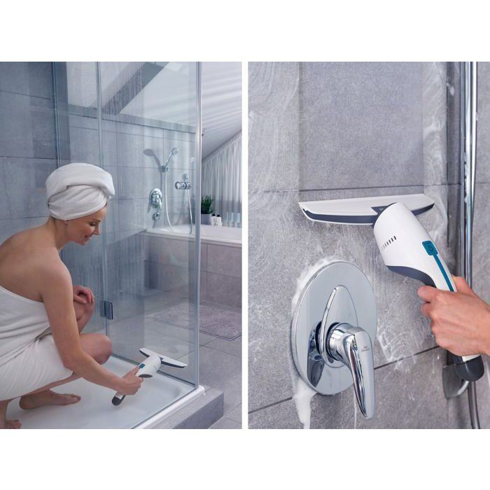 Aspirateur a vitres et salle de bains Leifheit Nemo 51035, lave vitres électrique avec boîtier étanche et support mural, blanc
